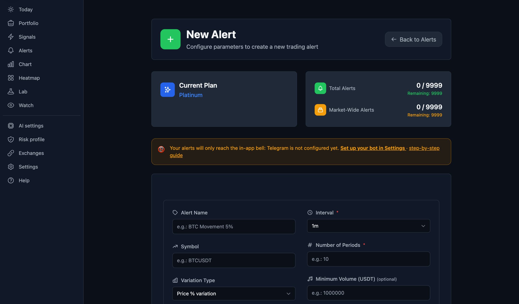 New alert form: price, volume, technical filters and strategies